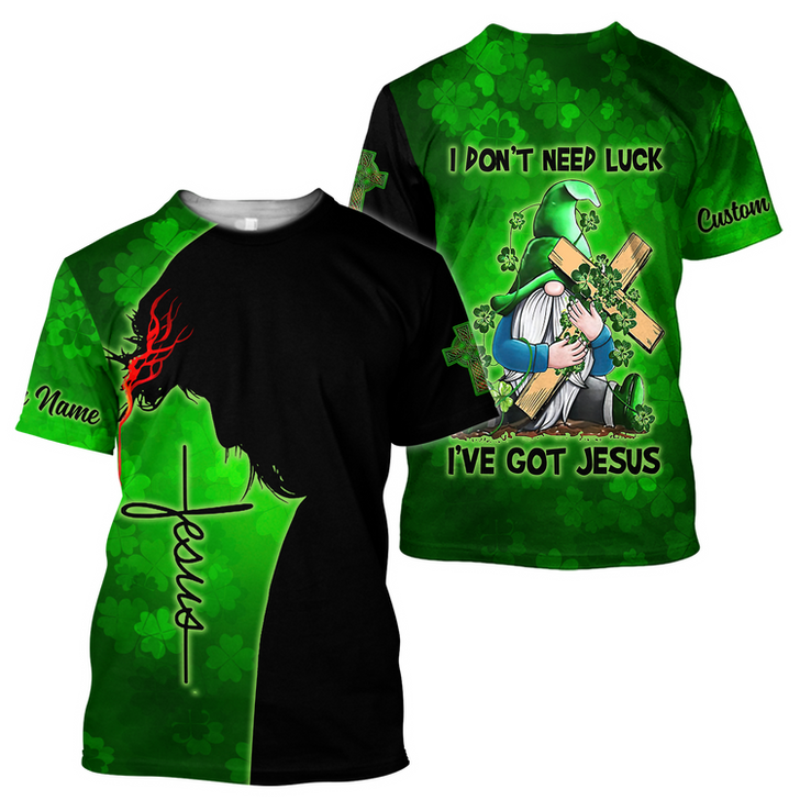 FUNSTUFFPRINT Personalized Irish Jesus Unisex Shirt For Man and Women, I Don't Need Luck I've Got Jesus Gnome Patrick Day Shirt 3D T-shirt
