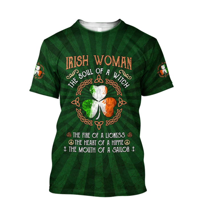 FUNSTUFFPRINT Irish Woman The Soul Of a Witch 3D Shirt, Shamrock Ireland Flag Shirt, Gif for Patrick's Day 3D T-shirt