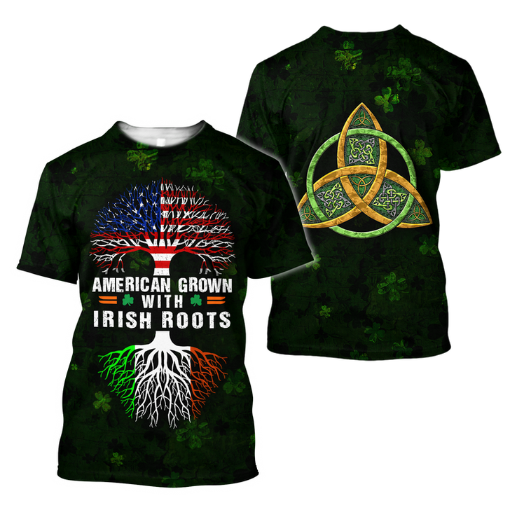 FUNSTUFFPRINT American Grown With Irish Roots Tree of Life 3D Shirt, St Patrick's Day Shirt, Shamrock Shirt, Lucky Shirt 3D T-shirt