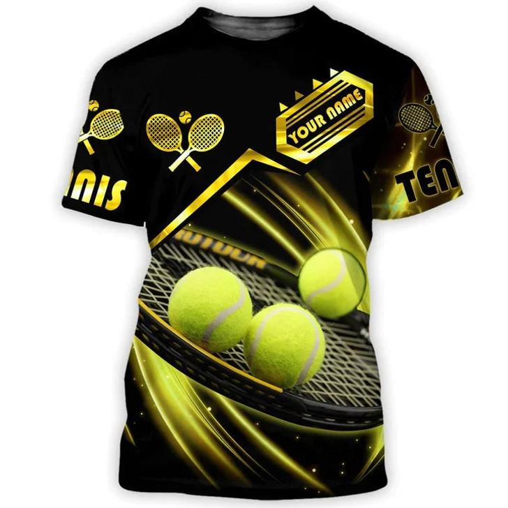 FUNSTUFFPRINT Personalized 3D Tennis T Shirt Black Gold Pattern Tennis Player Shirt, Gift For Tennis Lover Tennis Player 3D T-shirt