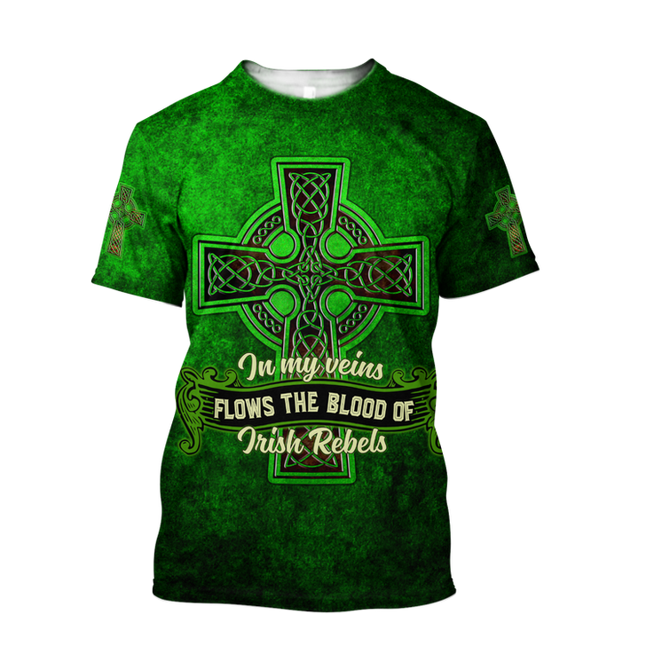 FUNSTUFFPRINT 3D All Over Print Saint Patrick's Day Shirt, In My Veins Flows The Blood Of Irish Rebels, St. Patrick's Day Shirt 3D T-shirt