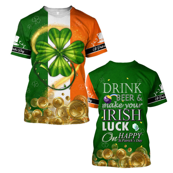 FUNSTUFFPRINT Shamrock Gold Coin Drink Beer 3D Shirt, St Patrick's Day Shirt, Irish Shirt, Lucky Shirt, Drinking Shirts, Let's Day Drink 3D T-shirt