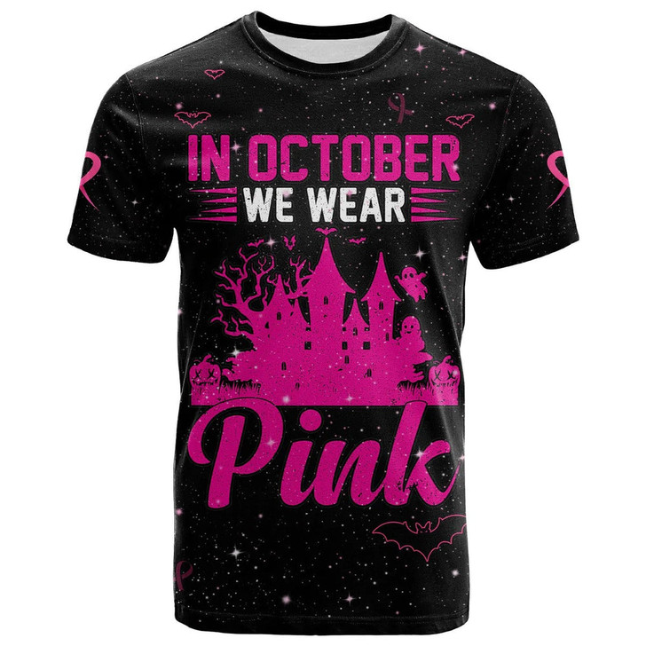 FUNSTUFFPRINT 3D All Over Print Breast Cancer T Shirt In October We Wear PINK Halloween Castle Black 3D T-shirt