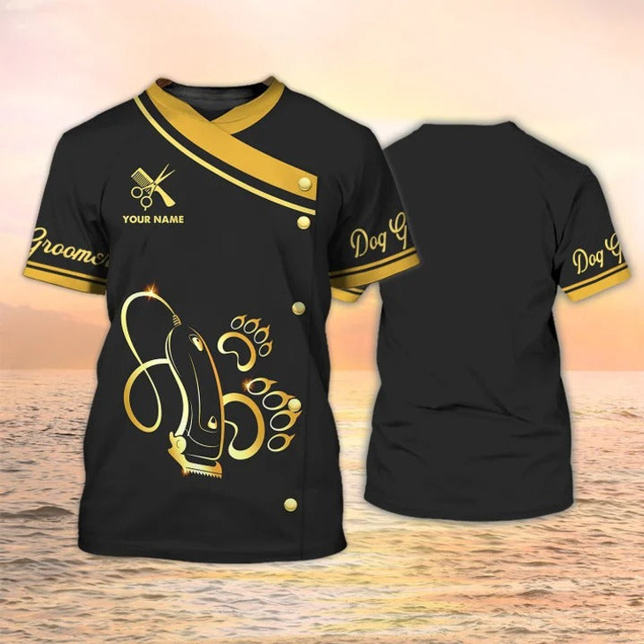 FUNSTUFFPRINT Dog Groomer Apparel Dog Grooming Custom T Shirt Grooming Uniform Black & Gold 3D T-shirt