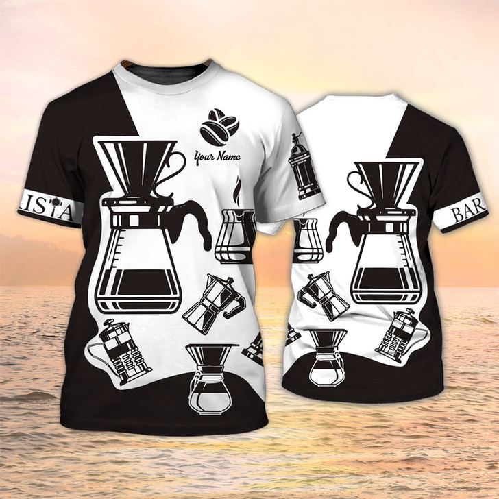FUNSTUFFPRINT Coffee Tools Set Print Shirt Barista T Shirt Custom Coffe Shirt Black And White 3D T-shirt