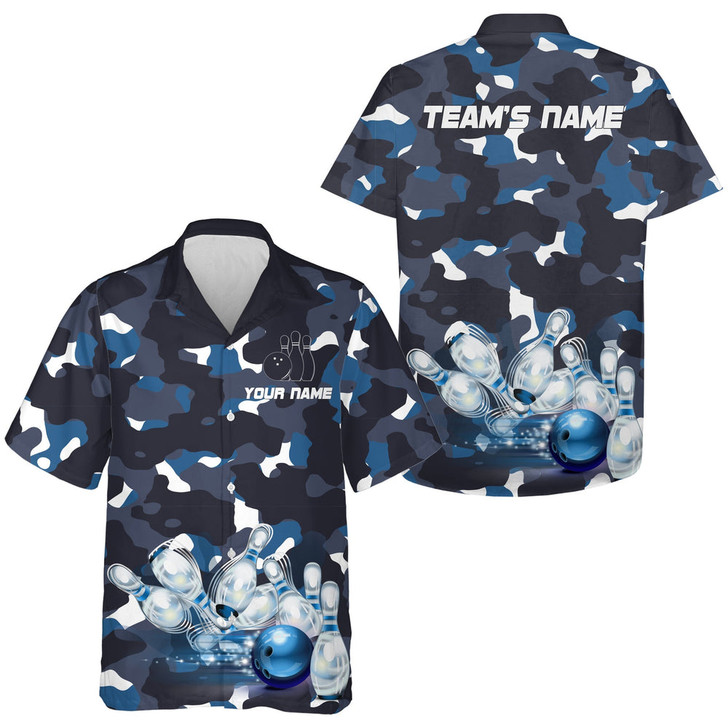 Custom Blue Camo Hawaiian Bowling Shirt for Men Women, Custom Team Name Short Sleeve Bowlers Jersey