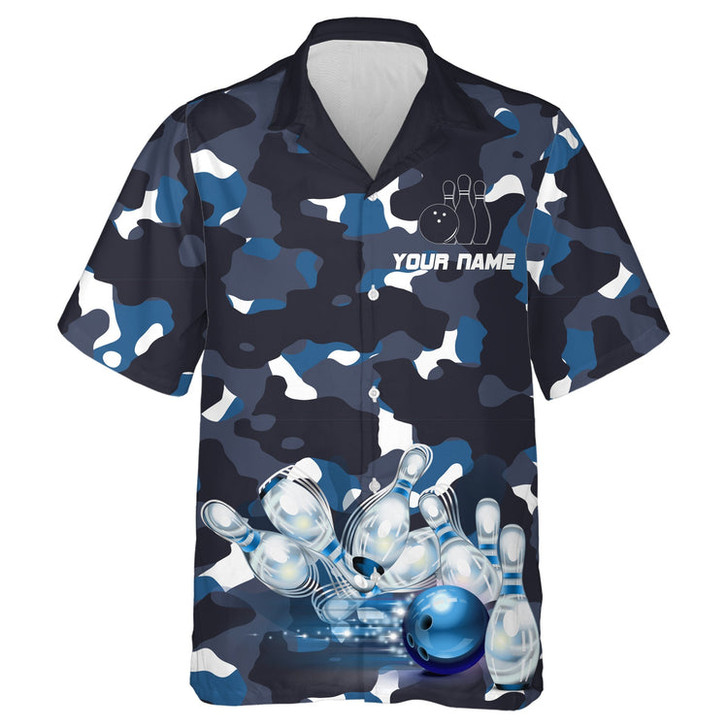 Custom Blue Camo Hawaiian Bowling Shirt for Men Women, Custom Team Name Short Sleeve Bowlers Jersey