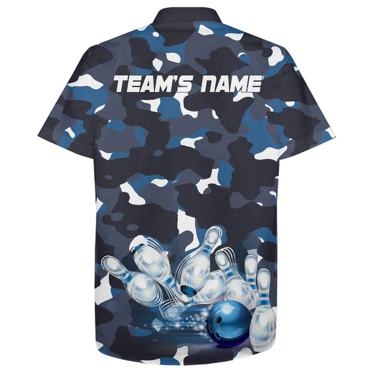 Custom Blue Camo Hawaiian Bowling Shirt for Men Women, Custom Team Name Short Sleeve Bowlers Jersey