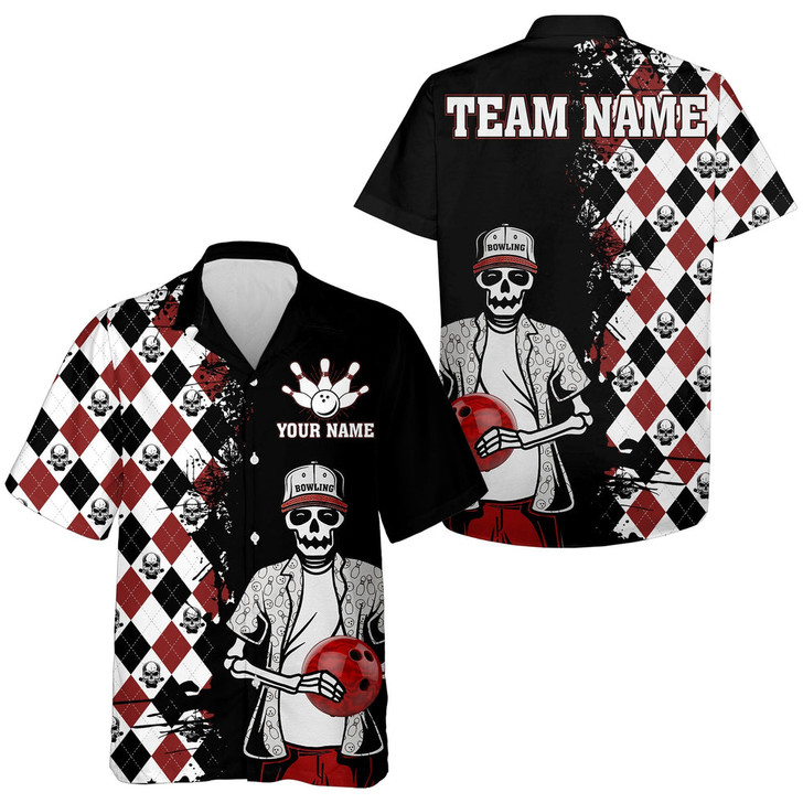 Custom Skull Hawaiian Bowling Shirt Men Women, Personalized Name Argyle Bowling Pattern Bowler Team Jersey