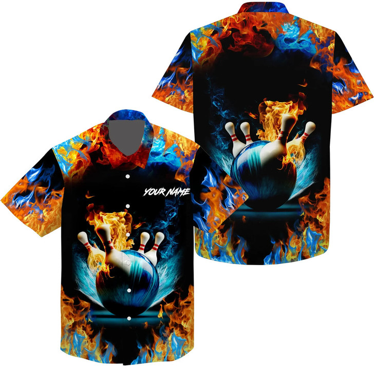Custom Water fire background custom name Hawaiian bowling shirts for men, bowling team shirts