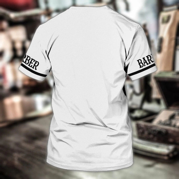 FUNSTUFFPRINT Custom With Name 3D White Barber T Shirt, White Uniform Barber Shop, Barber Men Gift 3D T-shirt