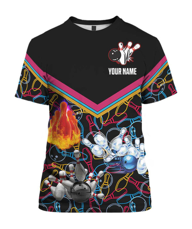 FUNSTUFFPRINT Personalized 3D Black Bowling Shirt Men Women, Custom Colorful Bowling Tshirt, Bowling Team Uniform, Bowling Gifts 3D T-shirt