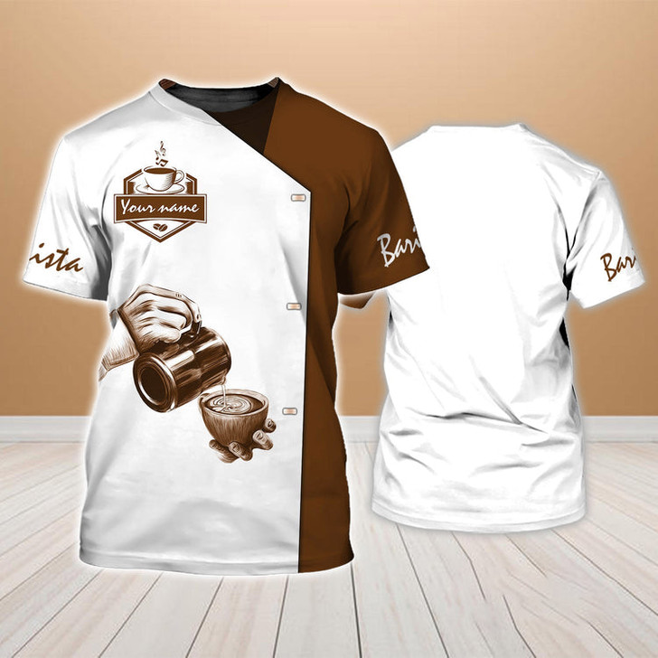 FUNSTUFFPRINT Customized Barista Brown Tshirt Barista Hand Drawing Uniform Gift For Bartender Barista 3D T-shirt