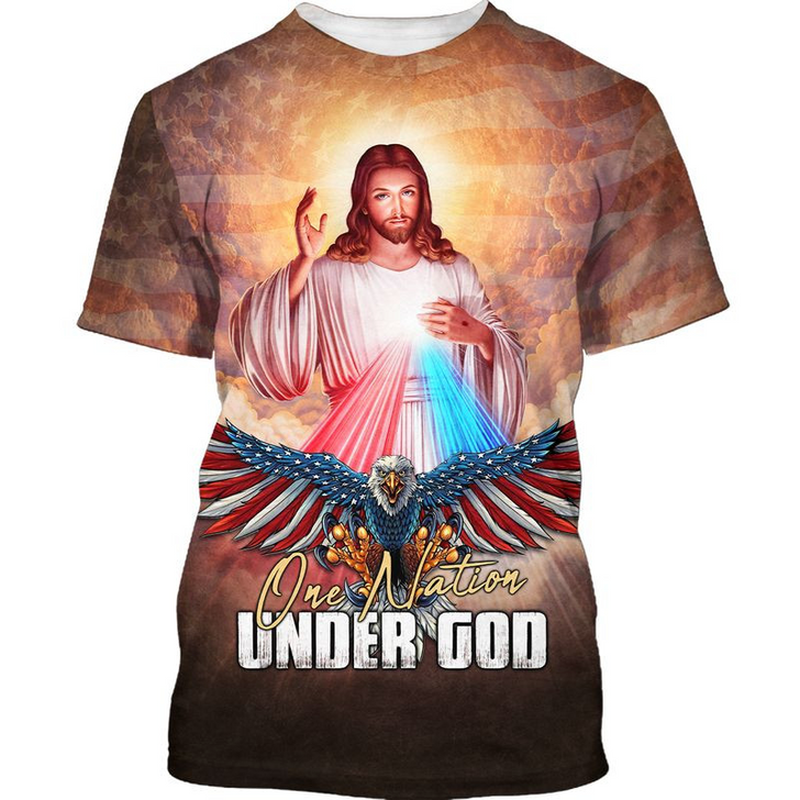 FUNSTUFFPRINT One Nation Under God T Shirt Men Women Jesus And Eagle American Flag Pattern Shirts 3D T-shirt