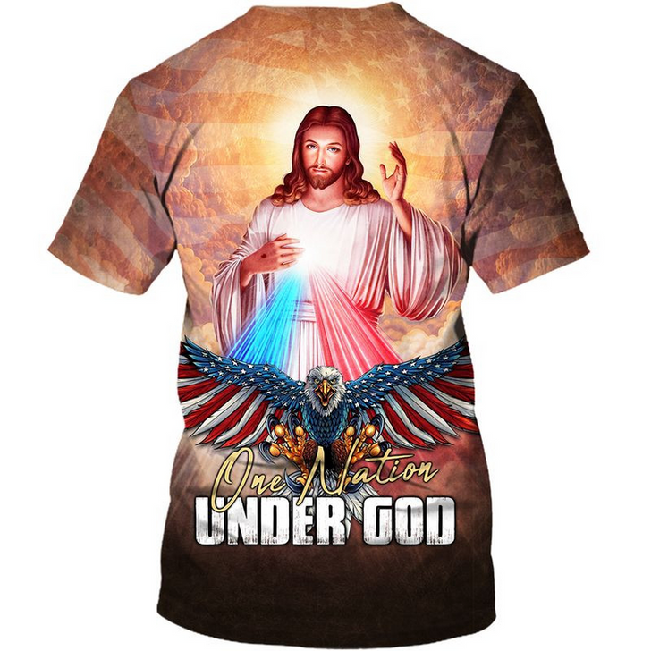 FUNSTUFFPRINT One Nation Under God T Shirt Men Women Jesus And Eagle American Flag Pattern Shirts 3D T-shirt