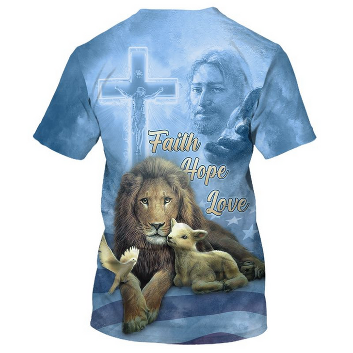 FUNSTUFFPRINT Faith Hope Love Blue T Shirt Men Women Lion Under God Tee Shirts 3D T-shirt