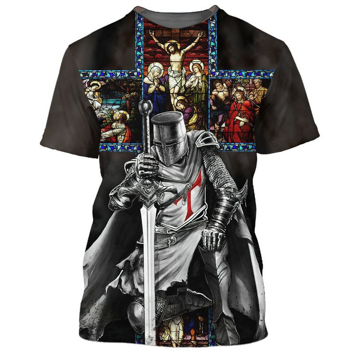FUNSTUFFPRINT Knight Templar Warrior Knee Before Jesus Tee Shirt 3D Sublimation God On Shirts 3D T-shirt