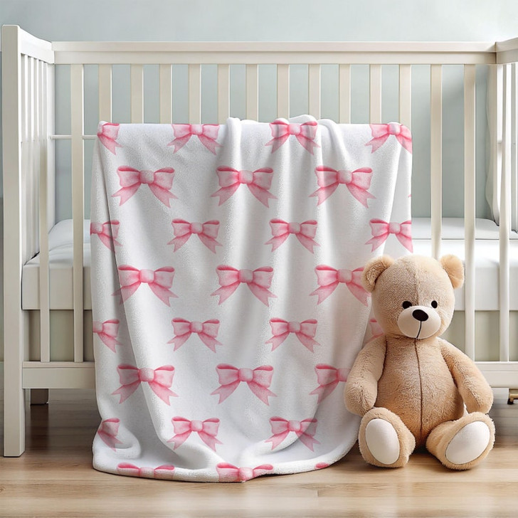FUNSTUFFPRINT soft baby blanket pink coquette bows, nursery decor for girls, cute christmas gift for baby girls, newborn gift, baby shower gift girl