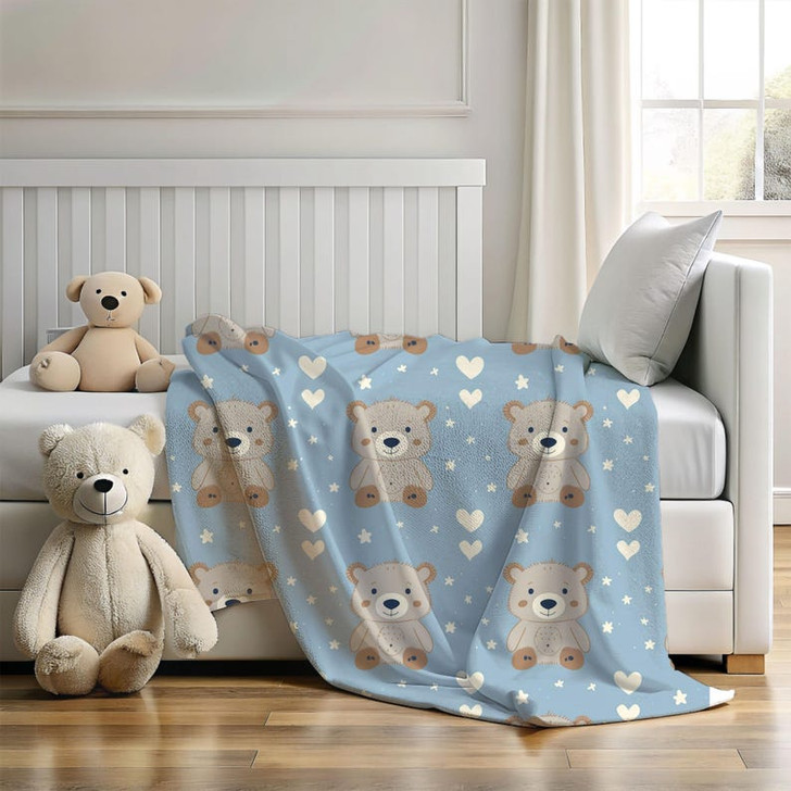 FUNSTUFFPRINT soft fleece baby blanket, teddy bear nursery decor, cute christmas gift for new moms, baby shower gift for boy, soft blue blanket, newborn