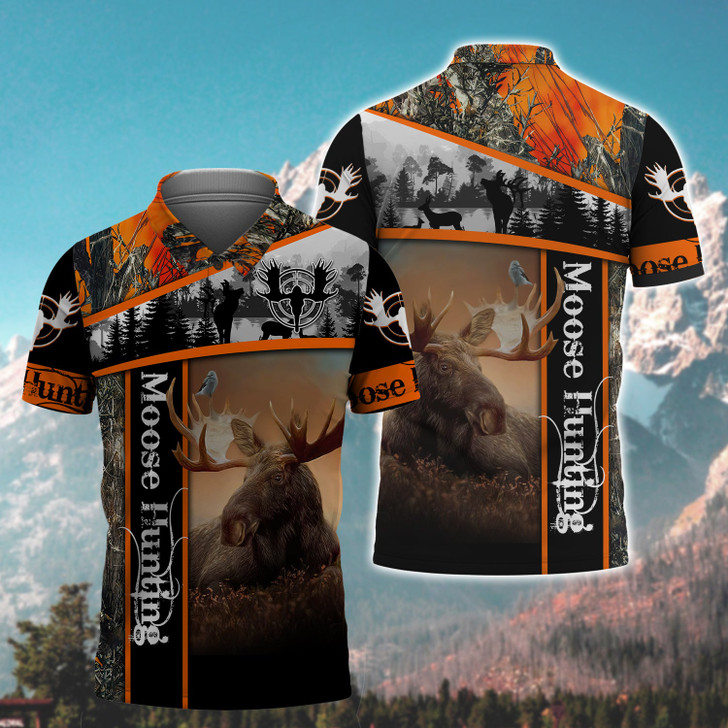 FUNSTUFFPRINT Moose Hunting 3D All Over Print Polo Shirt Size S-5XL