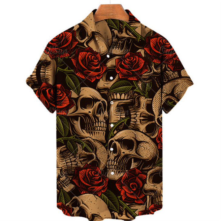 Skull and Rose Hawaiian Shirt, Hawaii shirt for Men, Gift for Skull Lovers