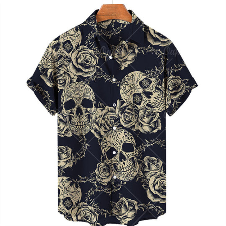 Skull and Rose Hawaiian Shirt, Hawaii shirt for Men, Gift for Skull Lovers