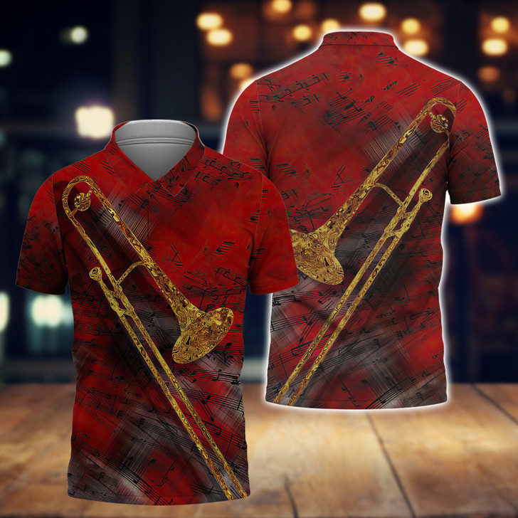 FUNSTUFFPRINT  Trombone Red Music Polo Shirt Size S-5XL