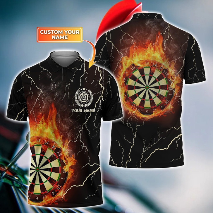FUNSTUFFPRINT  Darts Flame Thunder Lightning Personalized Name 3D Polo Shirt