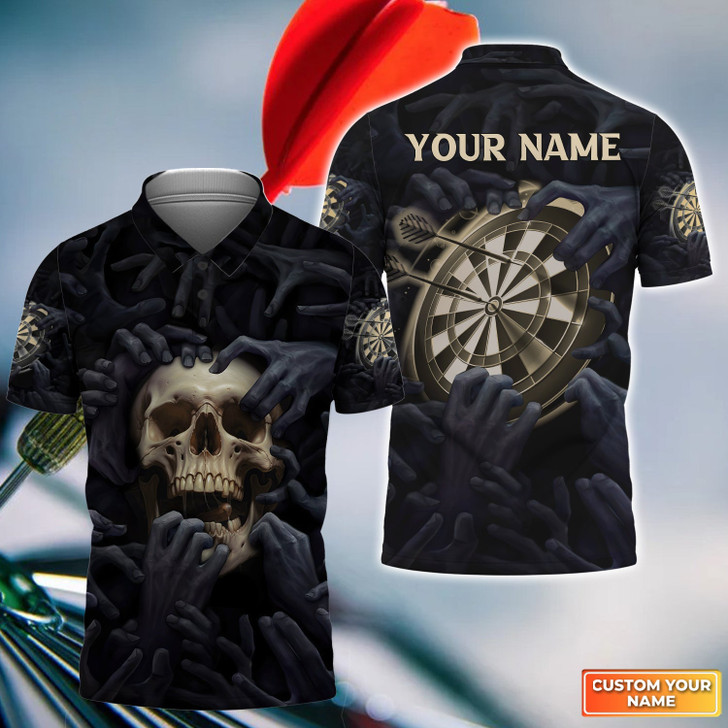 FUNSTUFFPRINT Skull Art Dartboard Personalized Name 3D Skull And Darts Polo Shirt For Dart Team Player