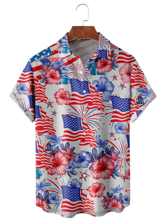 American Flag Flower Casual Men's hawaiian Shirt, 4th of july hawaiian shirt