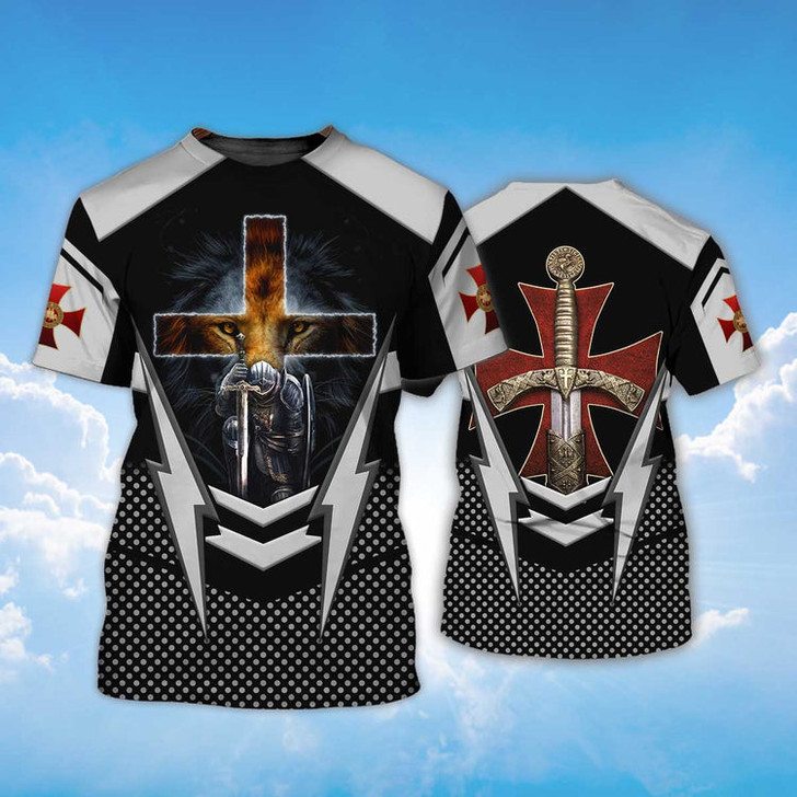 FUNSTUFFPRINT Knight Templar Lion A Warrior Of Christ T Shirt 3D T-shirt
