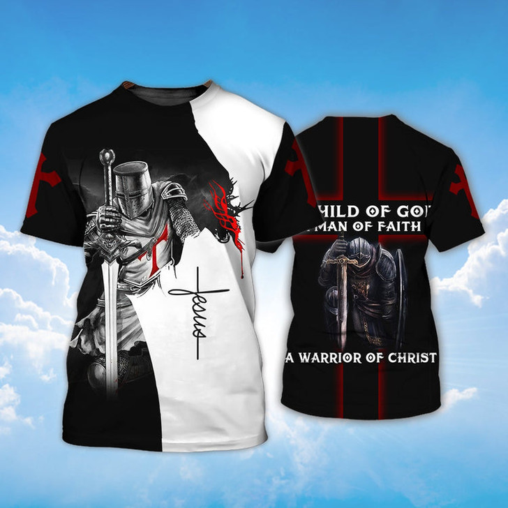 FUNSTUFFPRINT A Child Of God A Man Of Faith Knight Templar Jesus T-Shirt 3D T-shirt