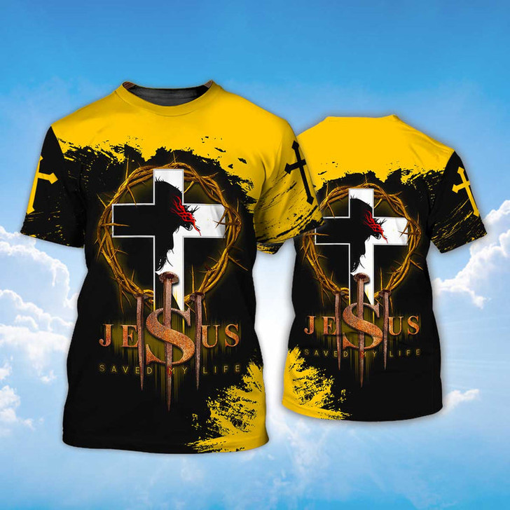 FUNSTUFFPRINT Jesus Christ Saved My Life Shirt Men Women Yellow And Black Color T Shirt Coolspod 3D T-shirt