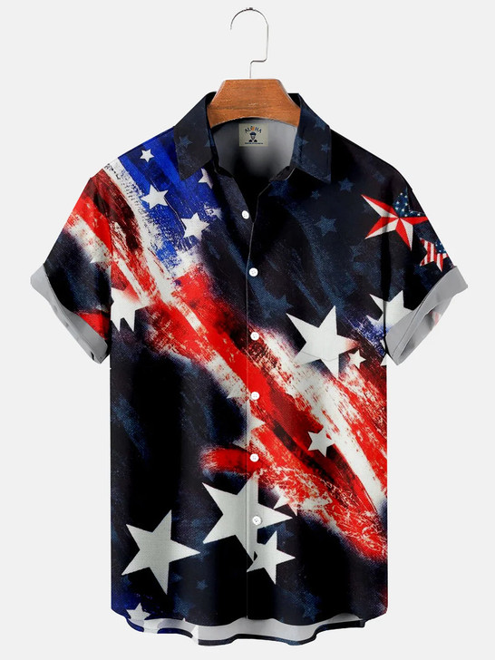 Men's American Flag Star Print Short Sleeve hawaiian Shirt, 4th Of July Hawaiian Shirt