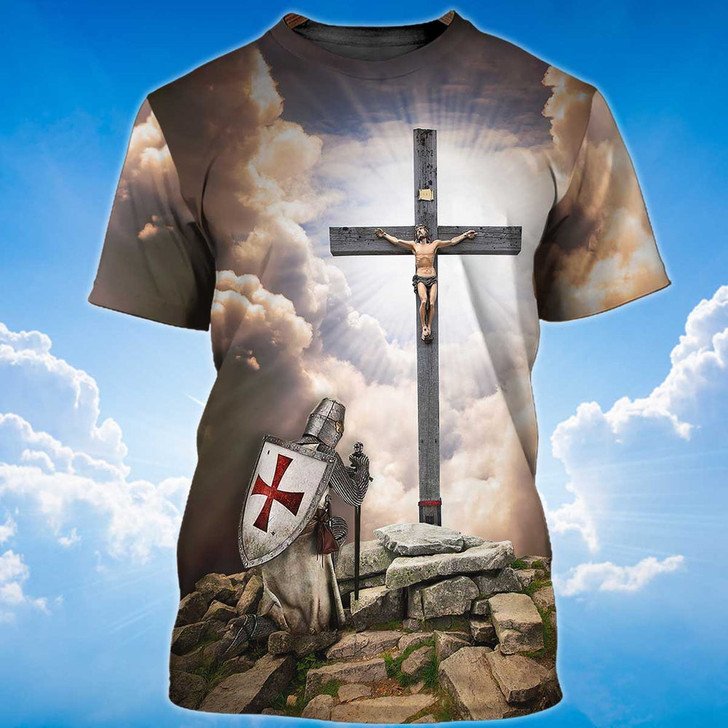 FUNSTUFFPRINT Knight Templar Kneel Before Jesus T Shirt Templar Lover Shirts Men Women 3D T-shirt