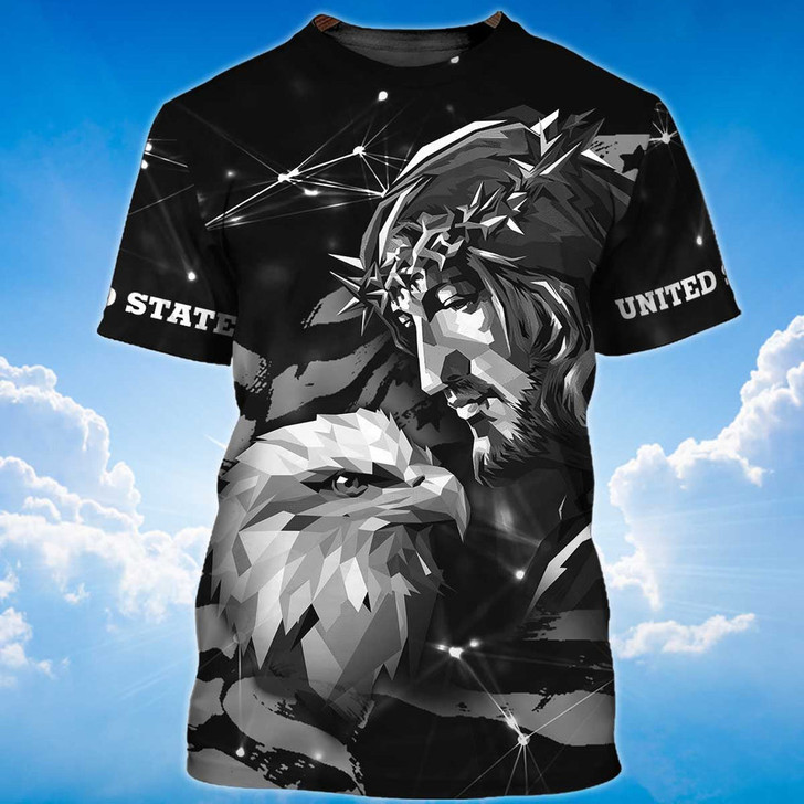 FUNSTUFFPRINT Eagle And God T Shirt, Eagle Lover Black Shirt 3D For Adults 3D T-shirt