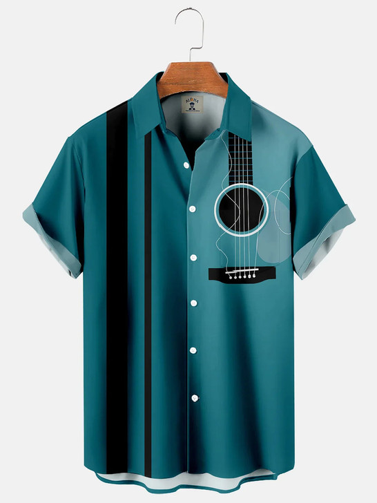 Guitar Stripes Casual Loose Men's Short-Sleeved hawaiian Shirt