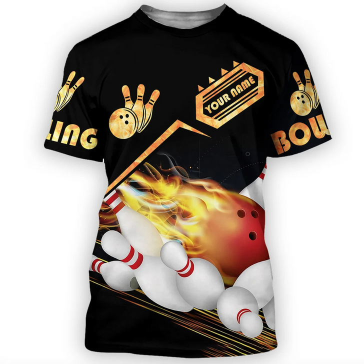 FUNSTUFFPRINT Personalized 3D Bowling Fire Shirt For Bowling Team Player Bowling Uniform 3D T-shirt