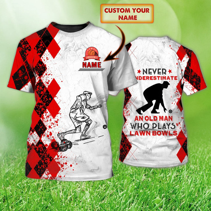 FUNSTUFFPRINT Old Man Plays Lawn Bowls 3D Red T Shirt For Men Old Men Lawn Bowl Shirt 3D T-shirt