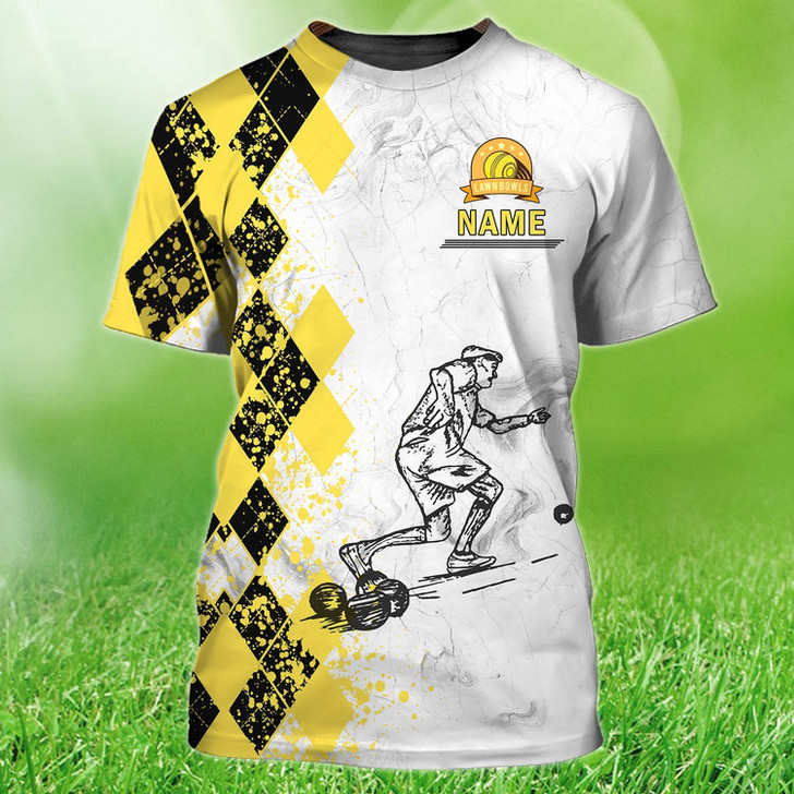 FUNSTUFFPRINT Custom Old Man Plays Lawn Bowls Yellow 3D T Shirt Lawn Bowl Lovers Gifts 3D T-shirt