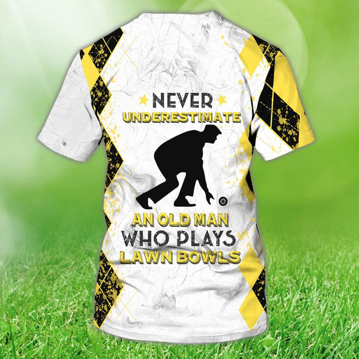 FUNSTUFFPRINT Custom Old Man Plays Lawn Bowls Yellow 3D T Shirt Lawn Bowl Lovers Gifts 3D T-shirt