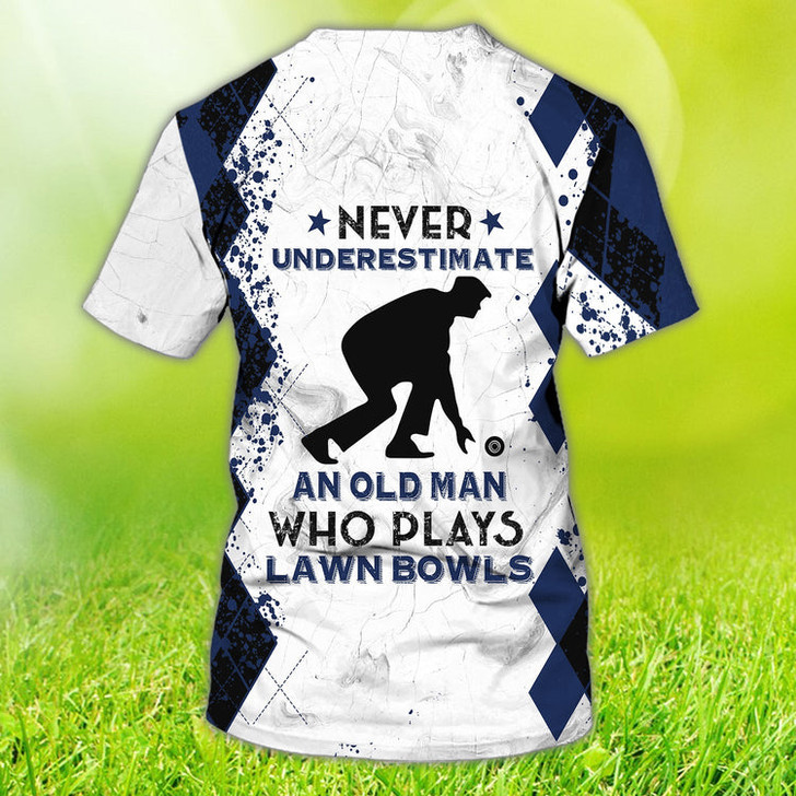 FUNSTUFFPRINT Personalized Old Man Plays Lawn Bowls Blue Navy 3D All Over Printed Shirt Lawn Bowl Gift 3D T-shirt
