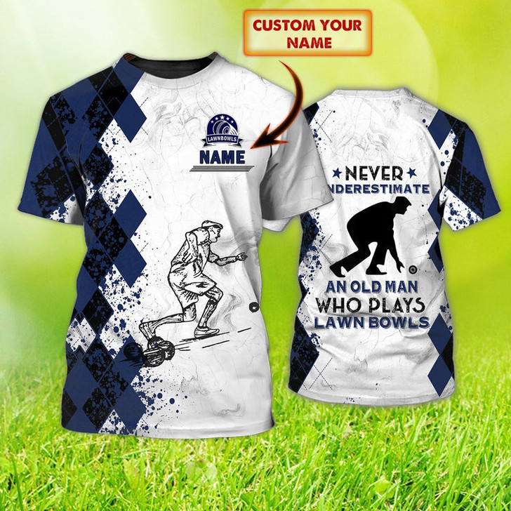 FUNSTUFFPRINT Personalized Old Man Plays Lawn Bowls Blue Navy 3D All Over Printed Shirt Lawn Bowl Gift 3D T-shirt
