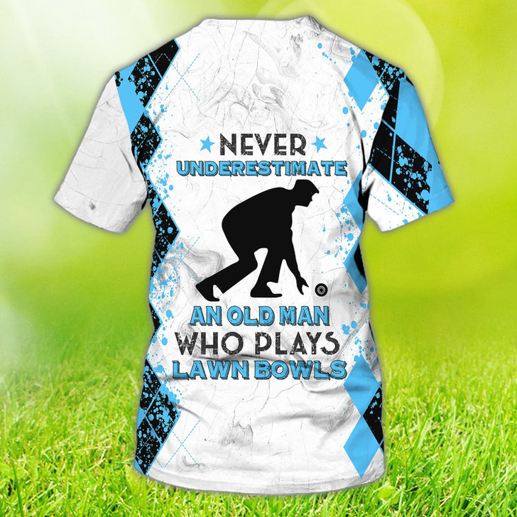 FUNSTUFFPRINT Custom Old Man Plays Lawn Bowls Light Blue 3D T Shirt Lawnbowl Team Player Uniform 3D T-shirt