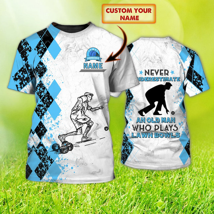 FUNSTUFFPRINT Custom Old Man Plays Lawn Bowls Light Blue 3D T Shirt Lawnbowl Team Player Uniform 3D T-shirt