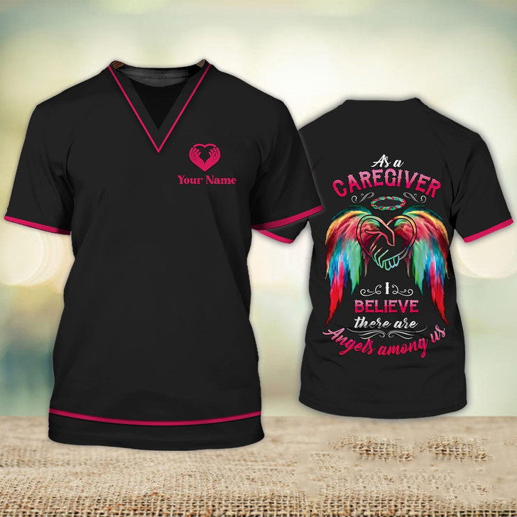 FUNSTUFFPRINT Custom Caregiver Nurse Shirts Caregiver Believe There Are Angels Among Us Home Care Caregiver Uniform 3D T-shirt