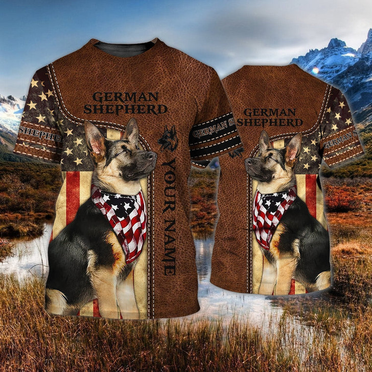 FUNSTUFFPRINT Custom Name 3D T Shirt For German Shepherd Lovers, Dog Shirt Leather Pattern 3D T-shirt