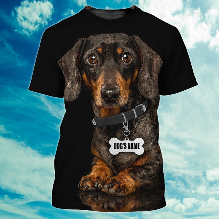 FUNSTUFFPRINT Custom Name Love Dachshund 3D Full Printed T Shirt, Black Shirt For Dog Lovers 3D T-shirt