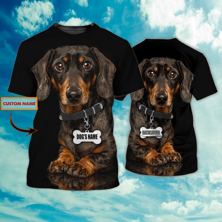 FUNSTUFFPRINT Custom Name Love Dachshund 3D Full Printed T Shirt, Black Shirt For Dog Lovers 3D T-shirt