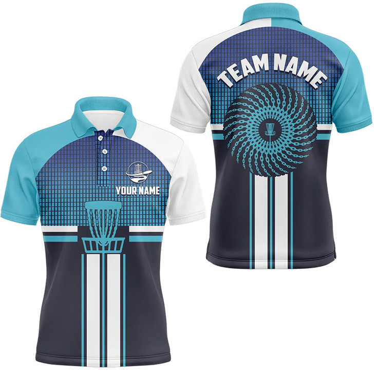 FUNSTUFFPRINT Customized Blue White Mens Disc Golf Polo Shirts Cool Disc Golf Shirt For Men Golf Gifts